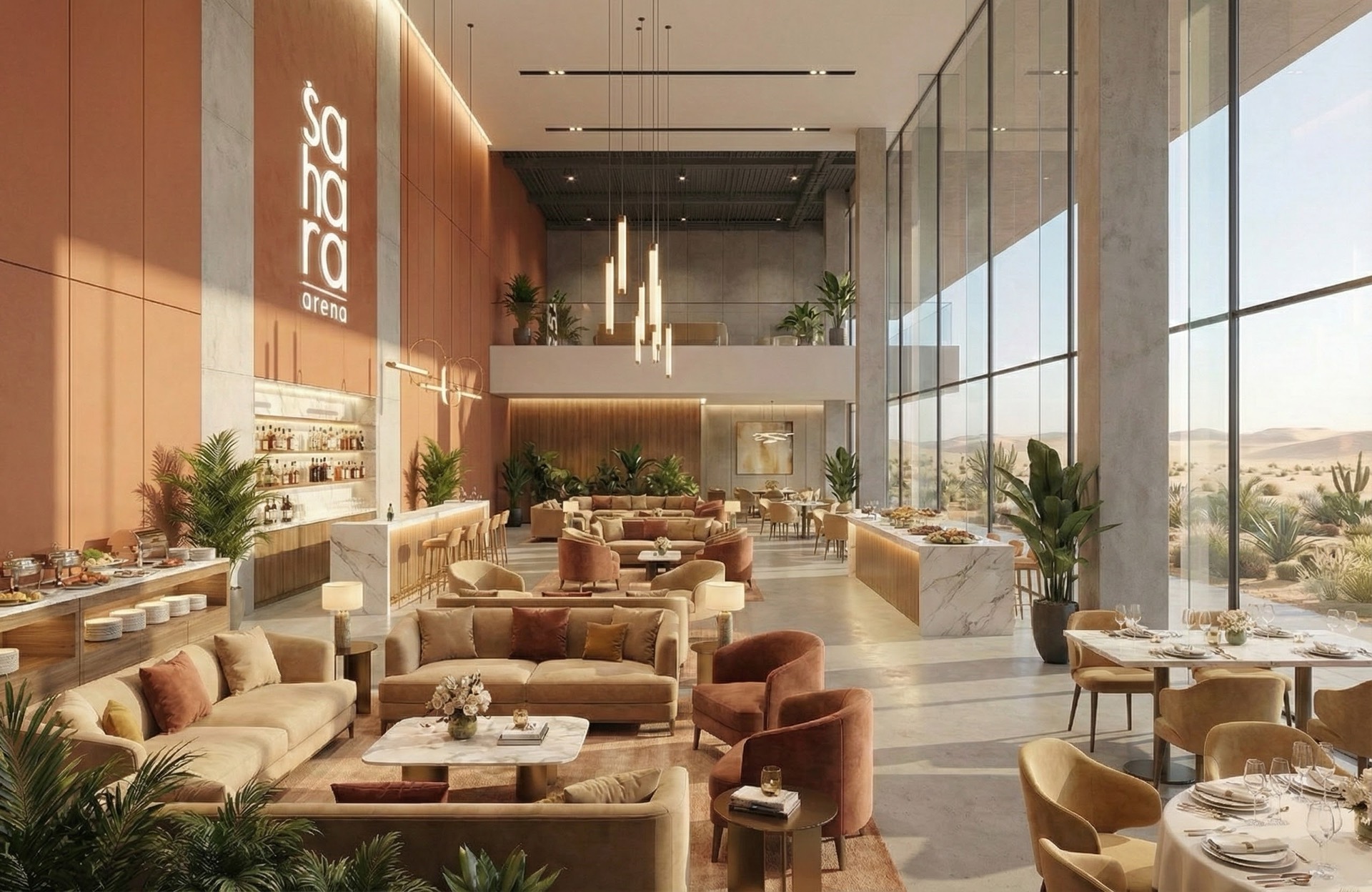 The desert-view lounge bathed in afternoon light